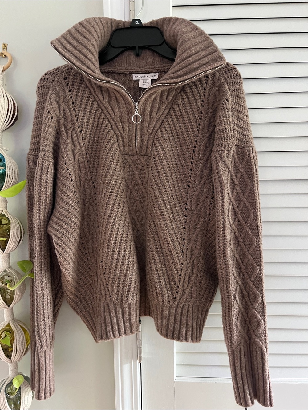 Sincerly Jules Taupe Cable-Knit Half-Zip V-Neck Sweater
